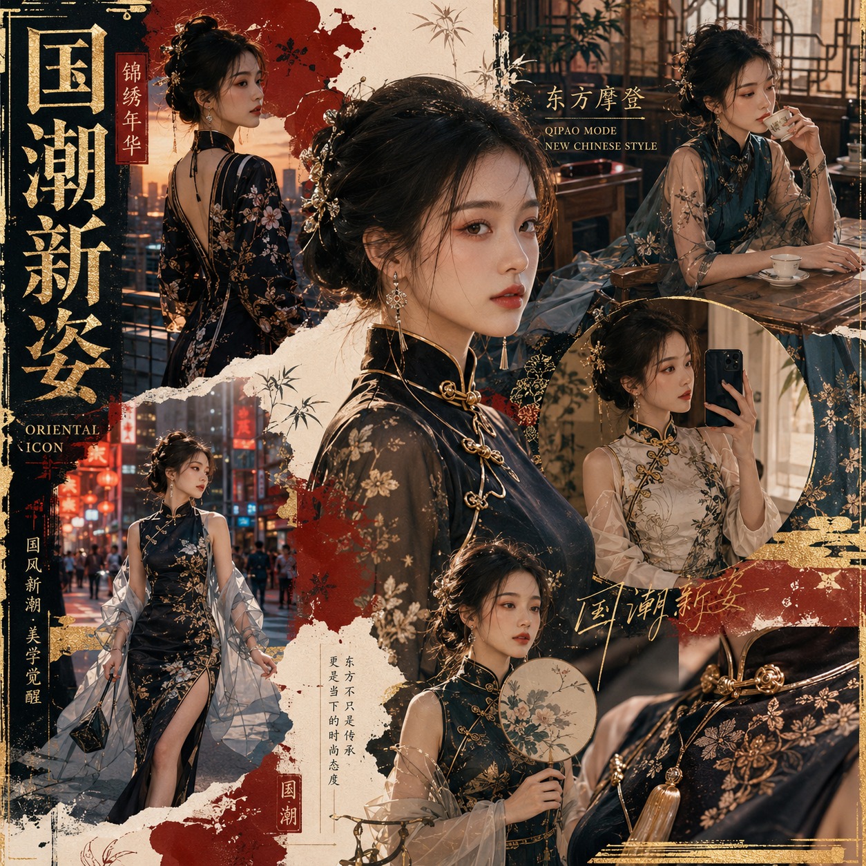 Black and gold qipao editorial collage
