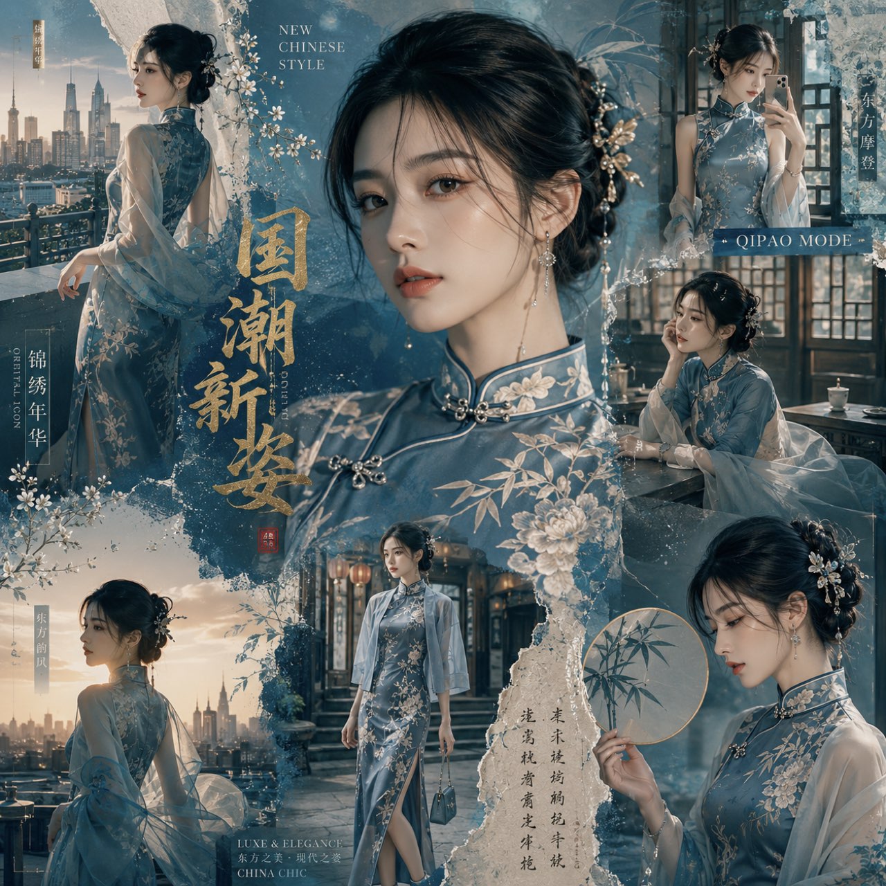 Blue qipao editorial collage