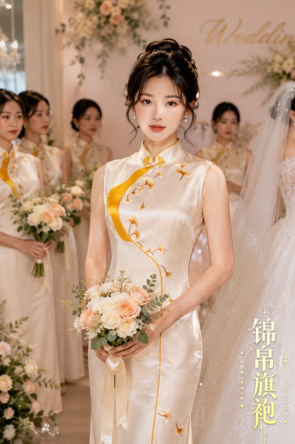 AI bridal qipao model visual in wedding scene