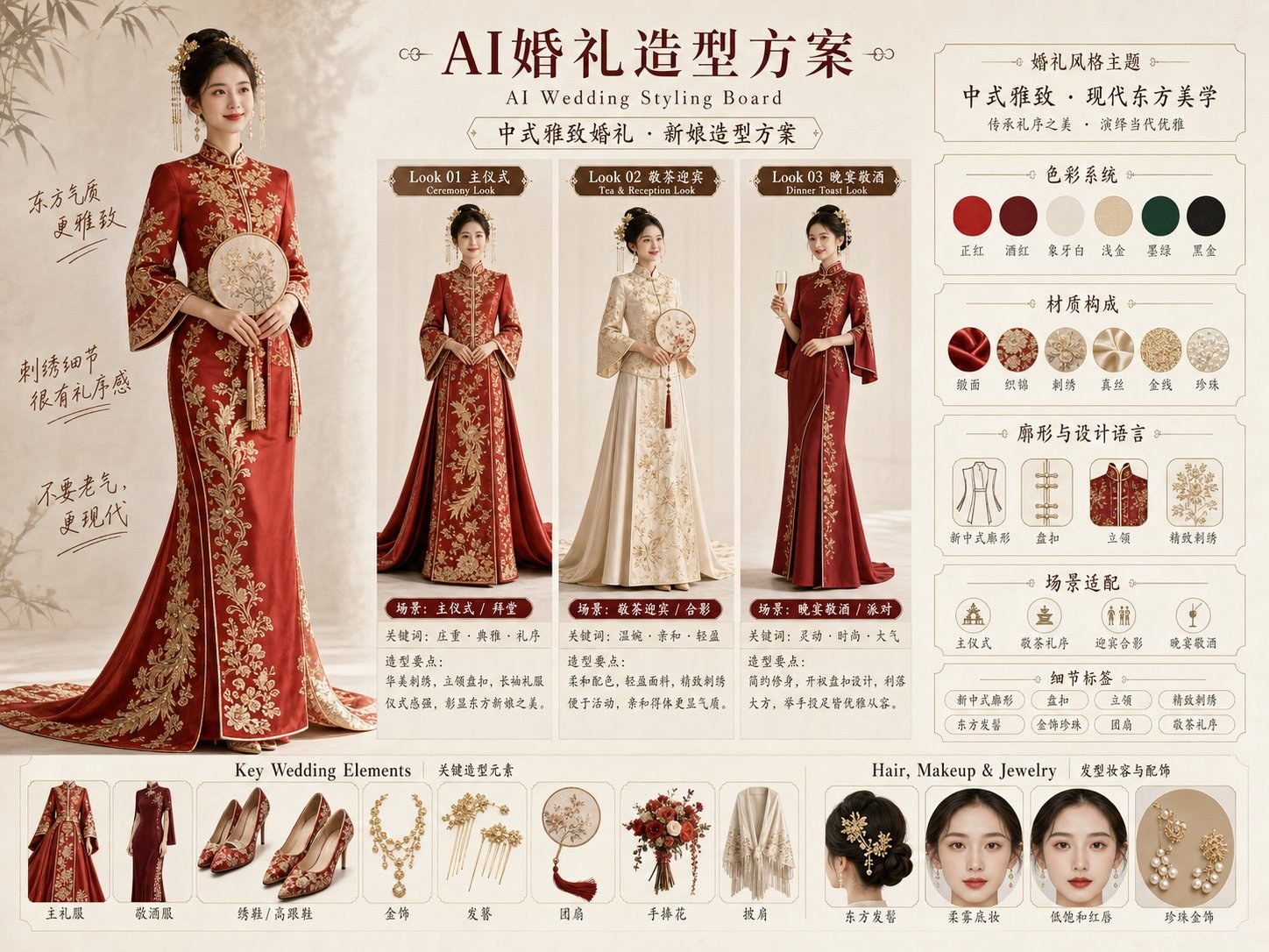 AI wedding qipao styling board for Chinese bridal fashion promotion